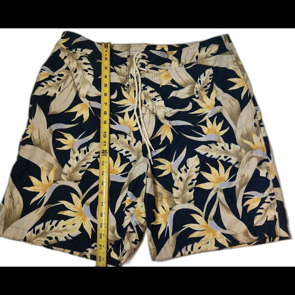 Nautica Navy And Yellow Floral Vacation Men's Swim Trunks - 38W - Front Tie - Picture 2 of 7